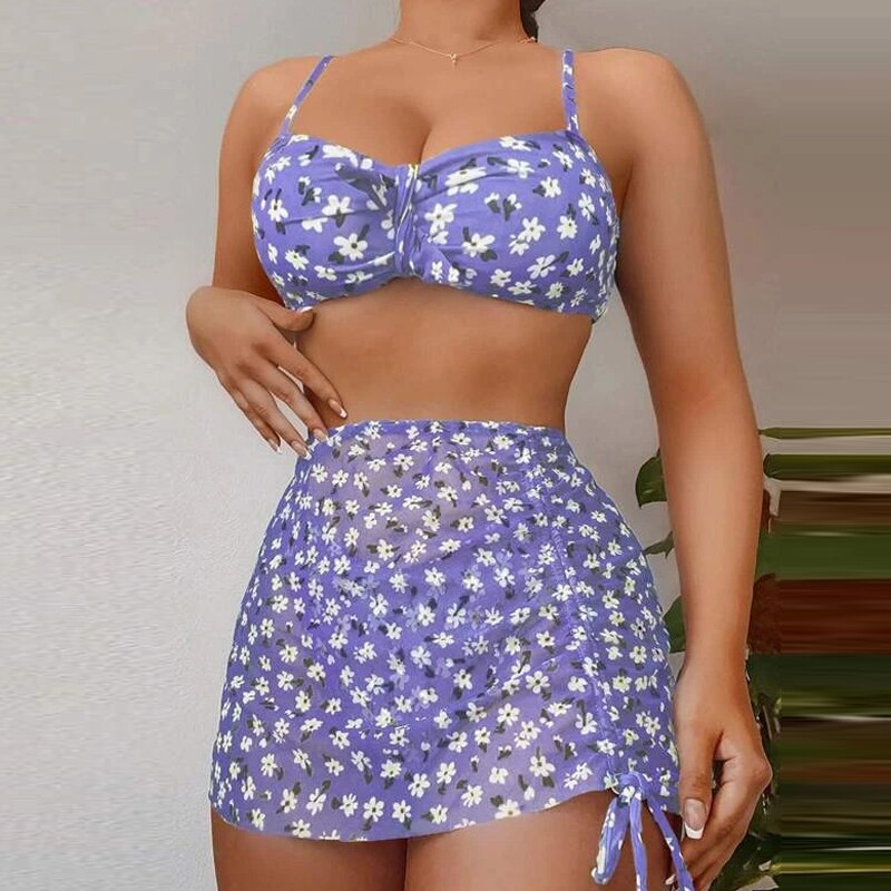 Floral Printed Swimsuit 3 Piece Set Fashion Spaghetti Strap Bra and Thong and Skirt Set Summer Backless Push Up Sexy Beachwear