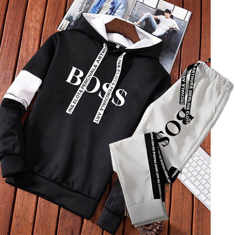 Newest Men Fashion Luxury Tracksuit Long Sleeve Hoodie + Sports Pants Sets Pullover Sweater Tops and Jogging Pants Casual Outfit