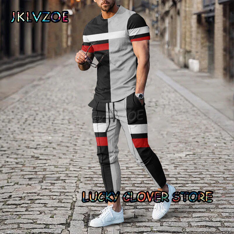 Men‘s Black Stripe Tracksuit Short Sleeve Tshirts+Pants 2 Piece Sets Print Man Trousers Summer Suit Casual Multi-color Clothing