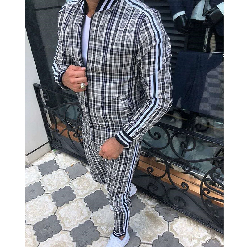 Gentleman 2023 Men's Tracksuits Sets 3D Colorful Plaid Print Sports Suits Men Grid 2-piece Set  Autumn Zipper Jackets Sportswear