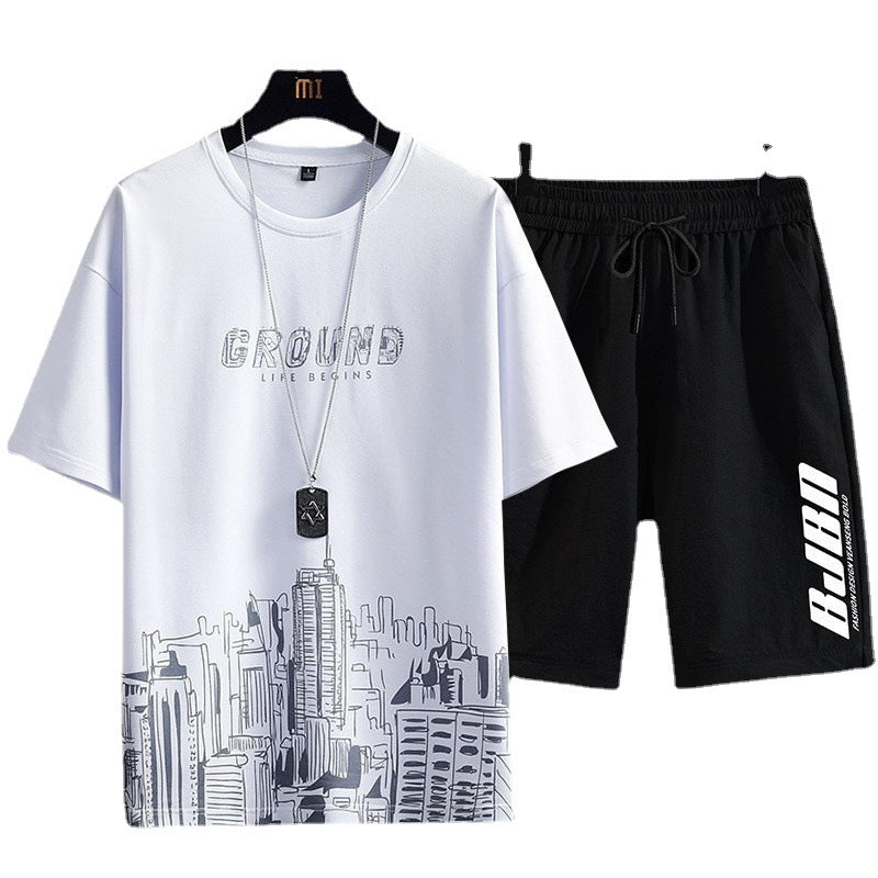 Men's Fashion Printed Short-sleeved T-shirt Shorts Sports Two-piece Set