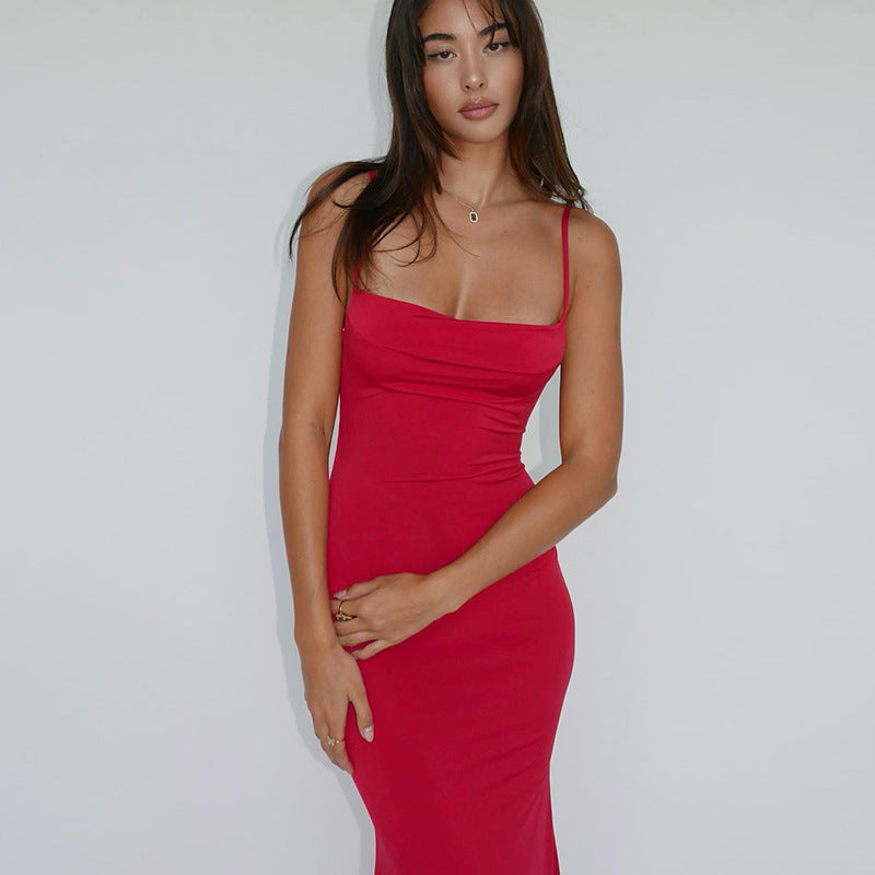 Women's Slim Fit Backless Strap Solid Color Dress