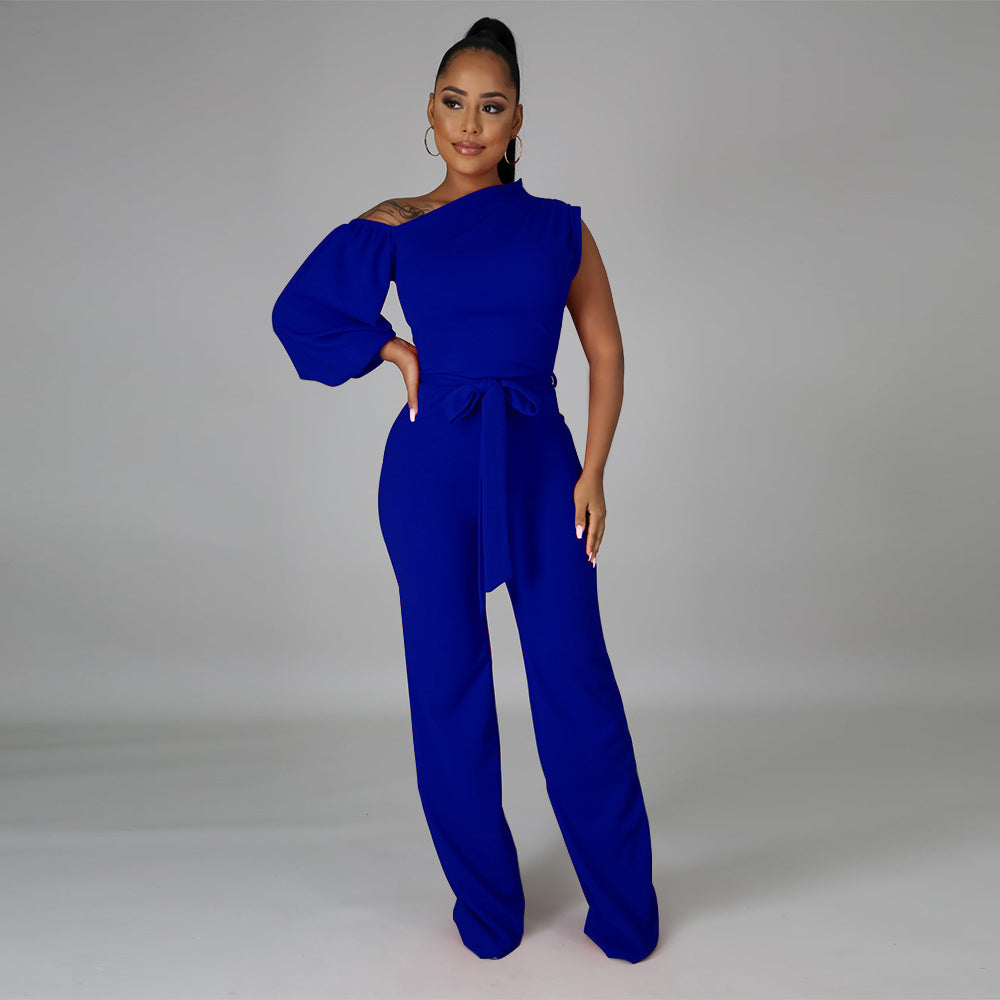 Fashion Jumpsuit Solid Color Single Shoulder Top Wide Leg Pantsuit