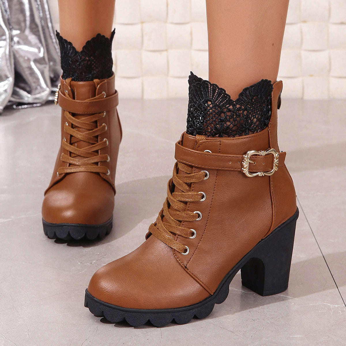 Women's Chunky Heel Waterproof Platform Lace Fashion Boots