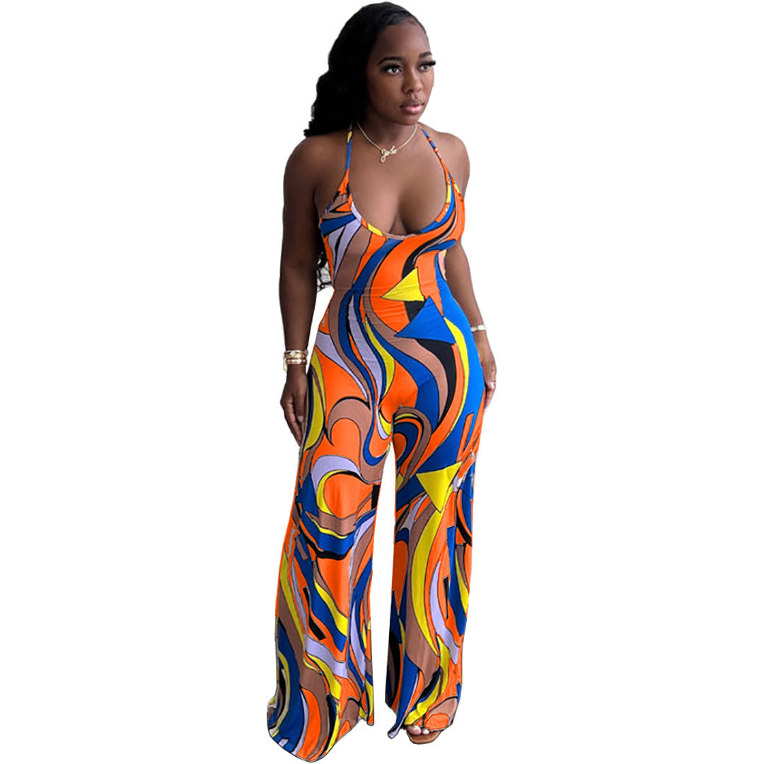 Sleeveless Casual Print Halter Strap Backless Fitted Jumpsuit