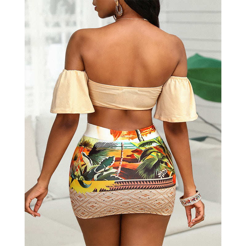 Solid Color Off-the-shoulder Upper Shelf Positioning Printing Buttock Skirt