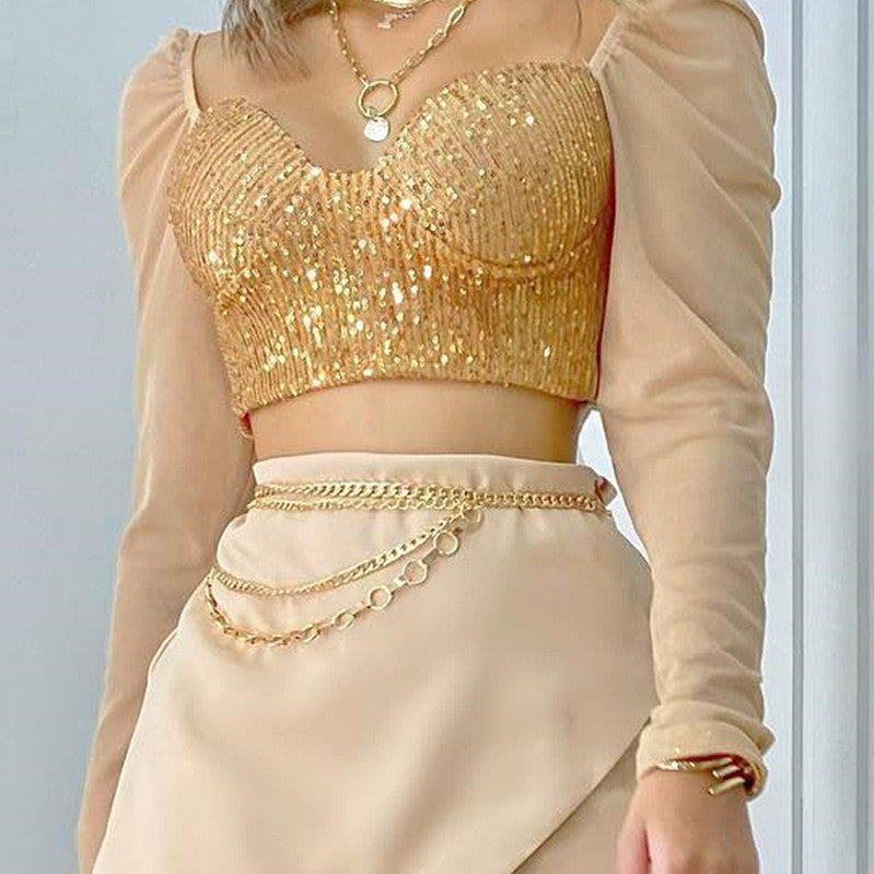 Women's Fashion Beige Patchwork Sequin Top Pants Skirt Set