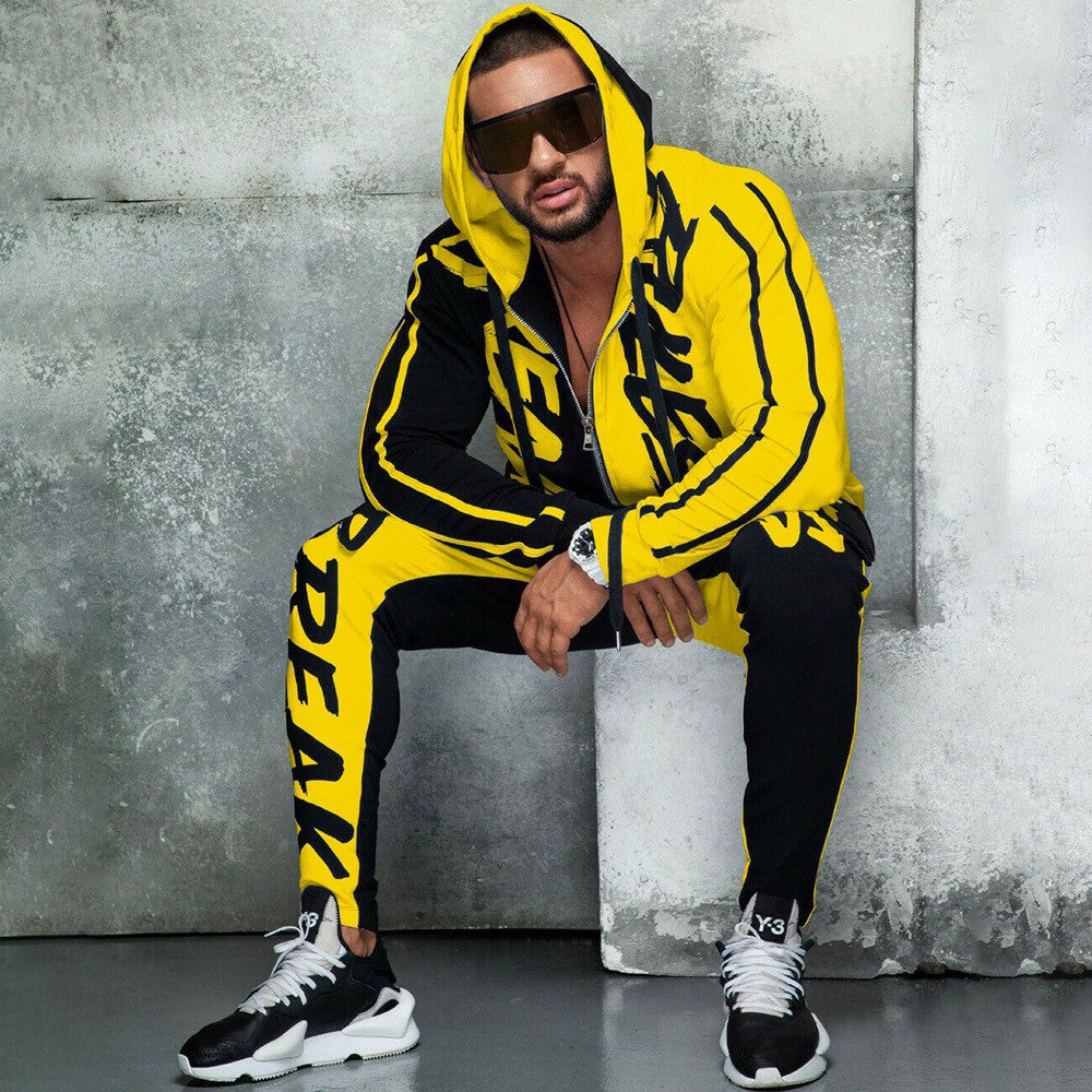 Men's Sports Suit Hooded Letters Color Matching Zipper Cardigan