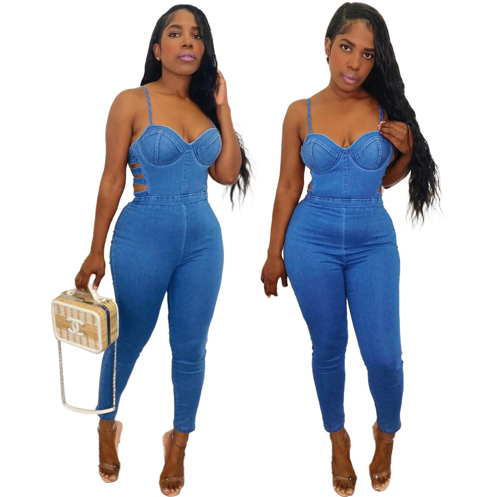 Women's Mid-waist Stitching Blue Denim Jumpsuit