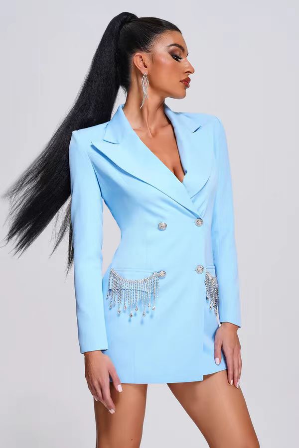 Women's Long-sleeved V-neck Tassel Diamond Suit