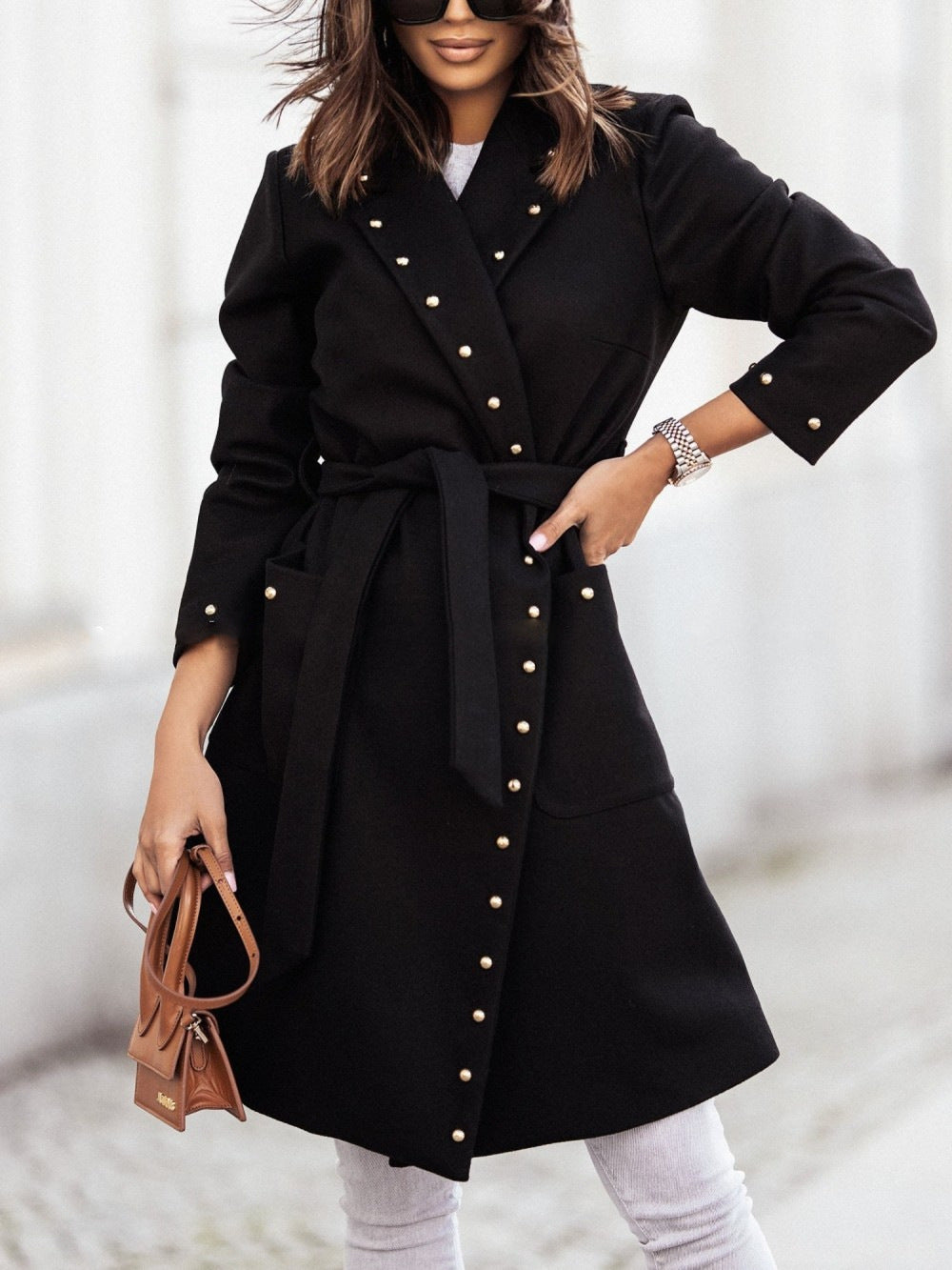 Lace Up Waist Rivet Long Sleeve Coat