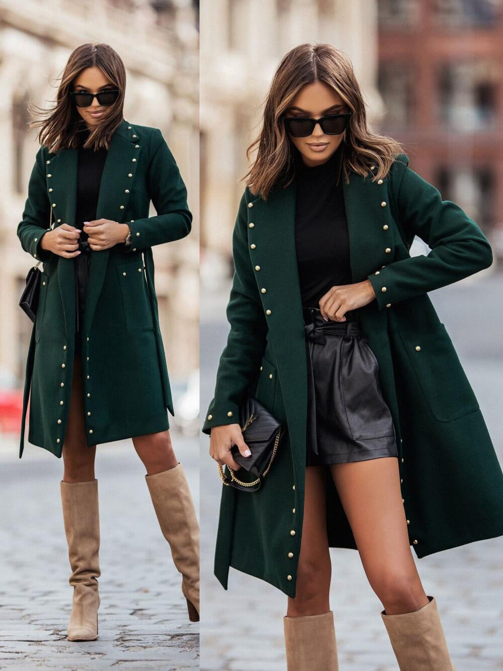 Lace Up Waist Rivet Long Sleeve Coat